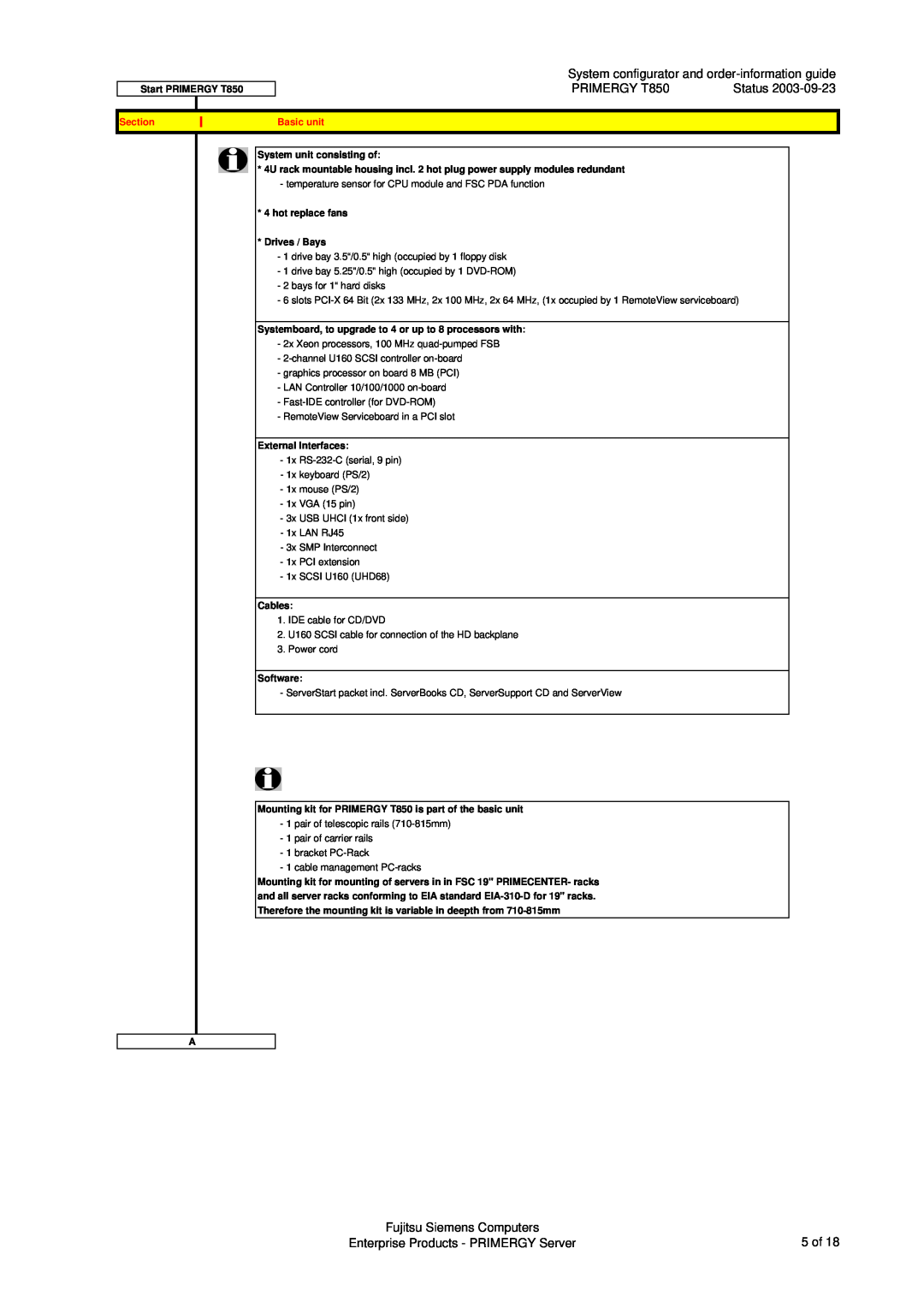 Fujitsu System configurator and order-information guide, PRIMERGY T850, Fujitsu Siemens Computers, Section, Basic unit 