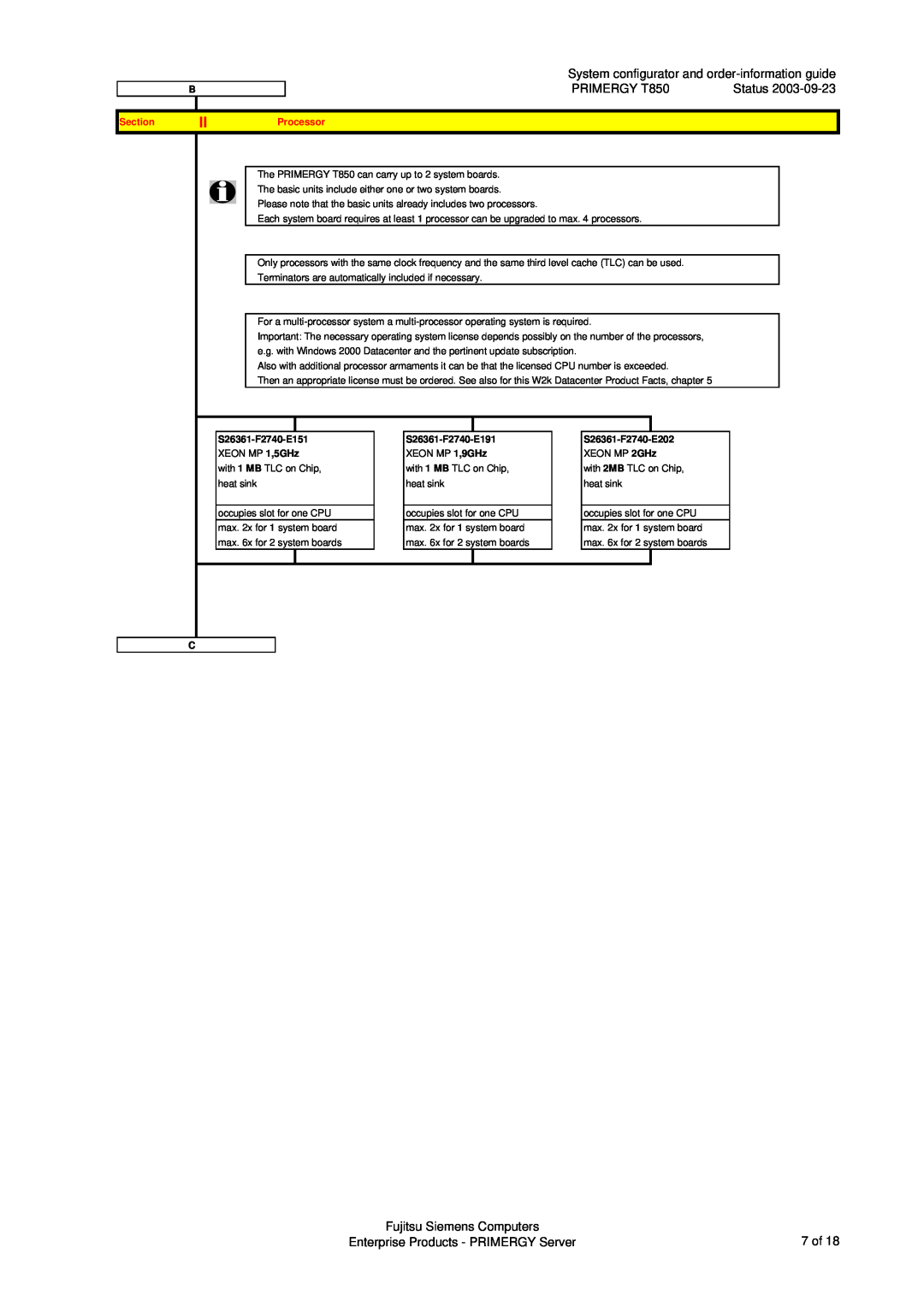 Fujitsu System configurator and order-information guide, PRIMERGY T850, Fujitsu Siemens Computers, Section, Processor 