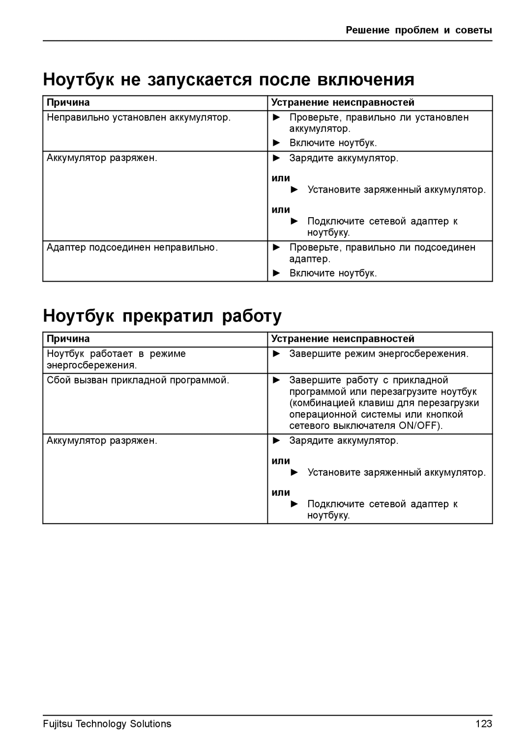 Fujitsu t900 Ноутбук не запускается после включения, Ноутбук прекратил работу, Установите заряженный аккумулятор, Ноутбуку 