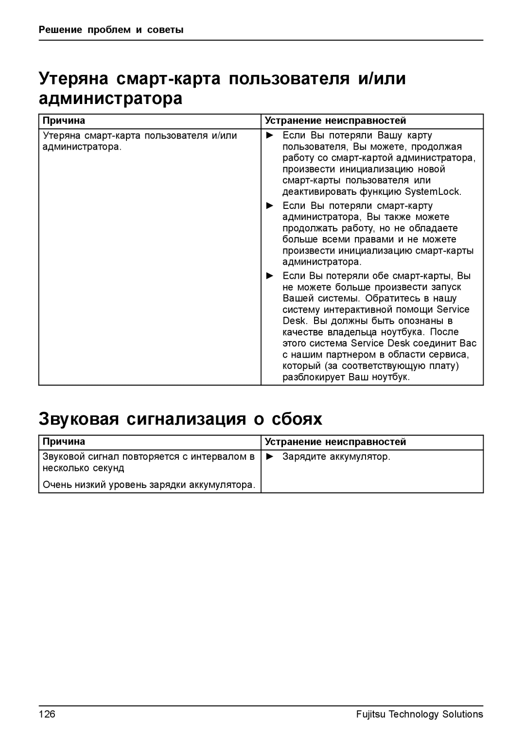 Fujitsu t900 manual Утеряна смарт-карта пользователя и/или администратора, Звуковая сигнализация о сбоях 