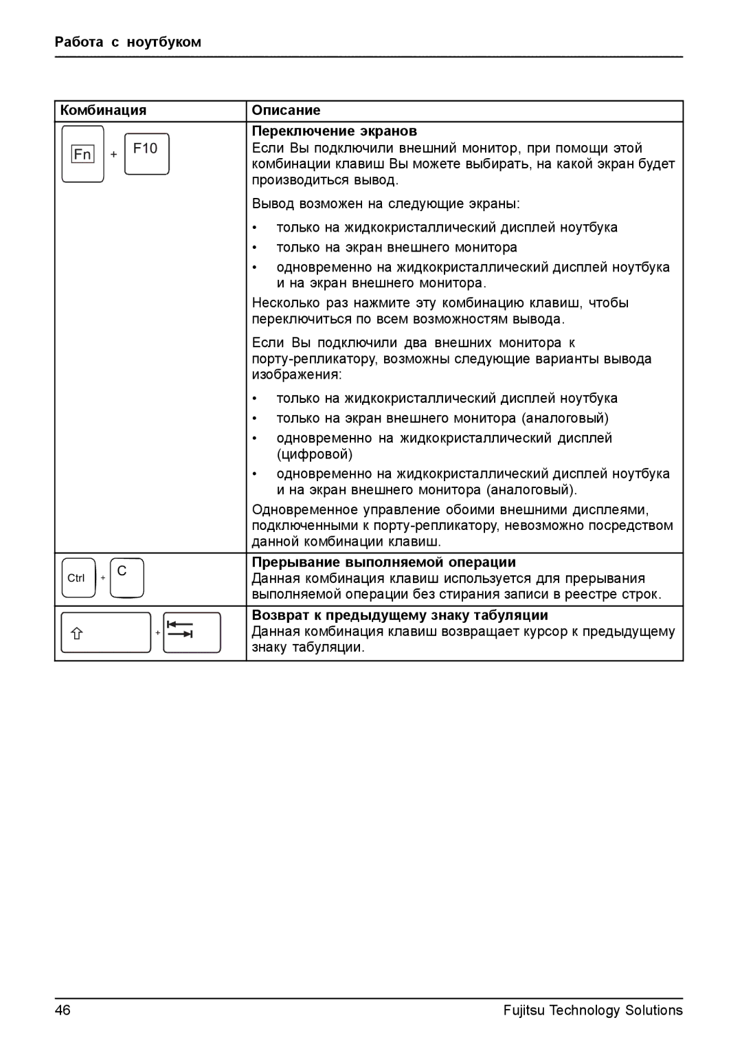 Fujitsu t900 manual Работа с ноутбуком Комбинация Описание Переключение экранов, Прерывание выполняемой операции 