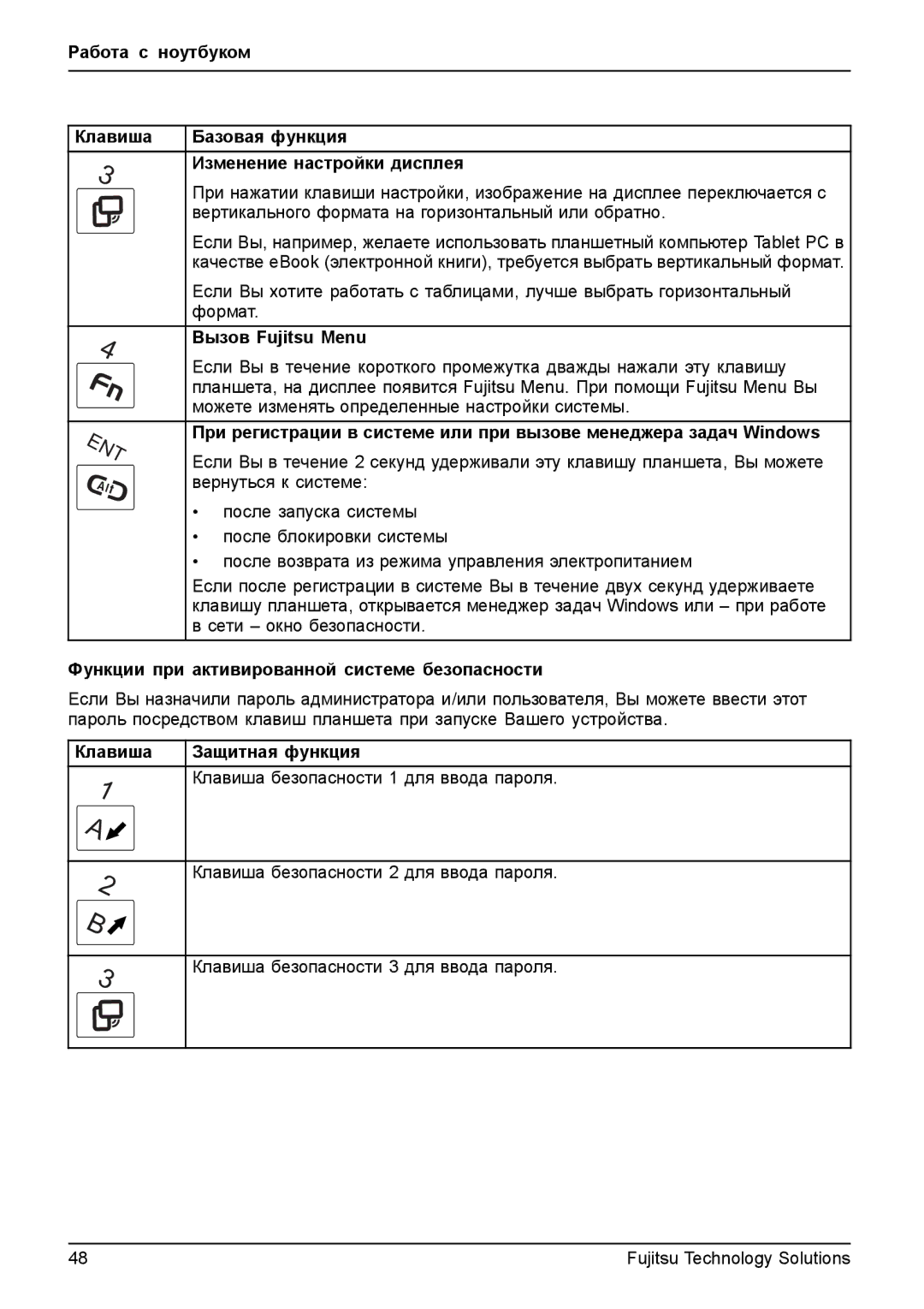 Fujitsu t900 manual Работа с ноутбуком Клавиша, Базовая функция Изменение настройки дисплея, Вызов Fujitsu Menu 