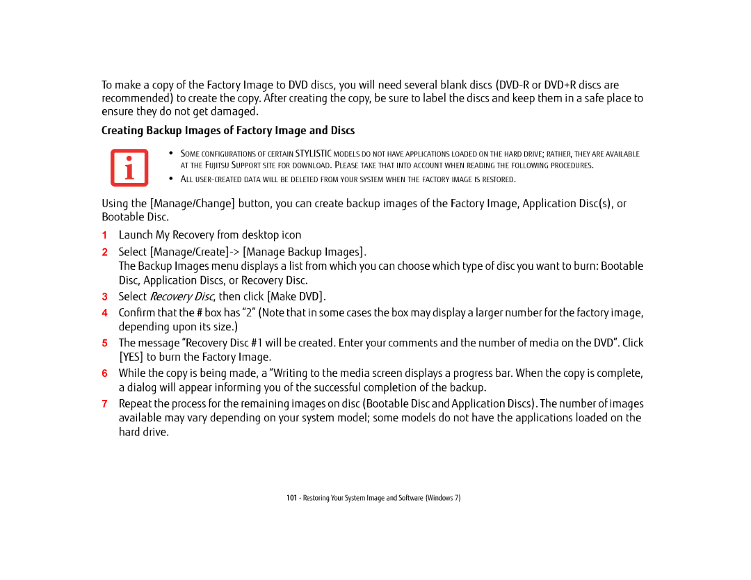 Fujitsu KA02066D105, T902, FP1000, BTBK410000BAAAPP manual Creating Backup Images of Factory Image and Discs 