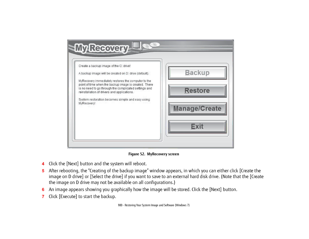 Fujitsu FP1000, T902, BTBK410000BAAAPP, KA02066D105 manual MyRecovery screen 