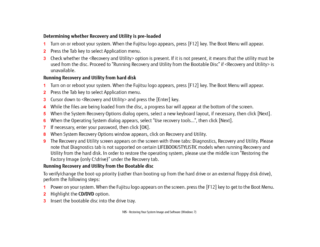 Fujitsu KA02066D105 Determining whether Recovery and Utility is pre-loaded, Running Recovery and Utility from hard disk 