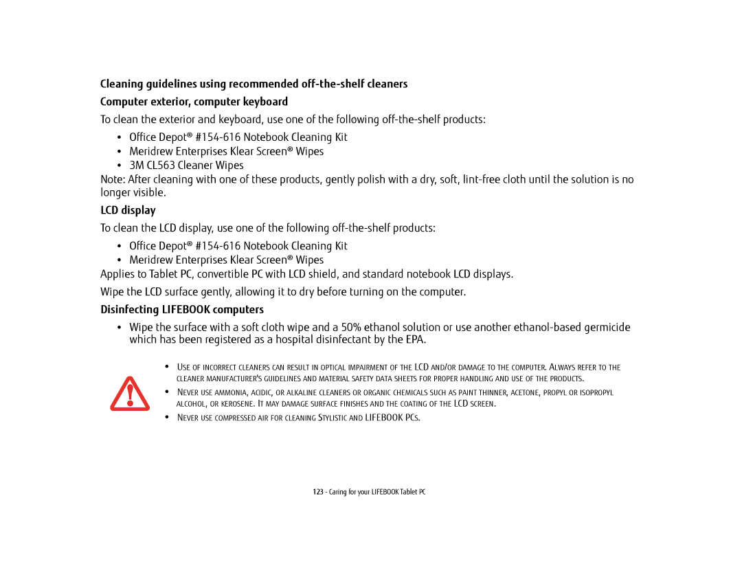 Fujitsu FP1000, T902, BTBK410000BAAAPP, KA02066D105 manual LCD display, Disinfecting Lifebook computers 