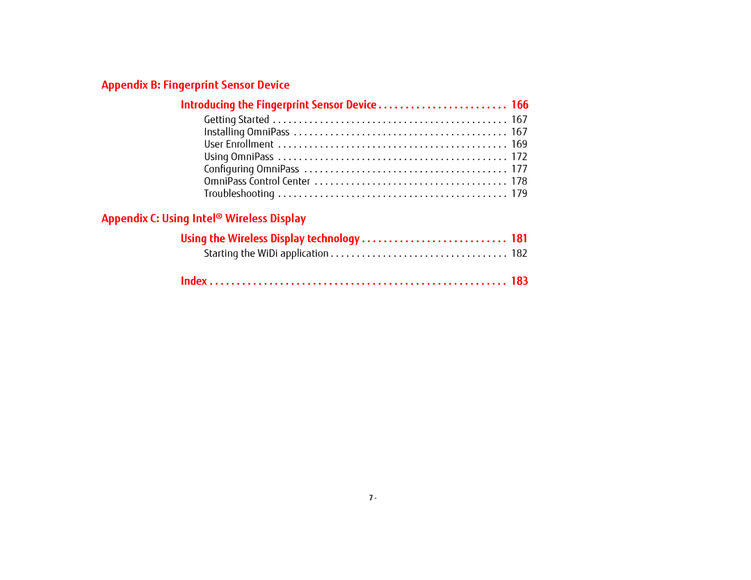 Fujitsu FP1000, T902, BTBK410000BAAAPP manual Appendix B Fingerprint Sensor Device, Appendix C Using Intel Wireless Display 