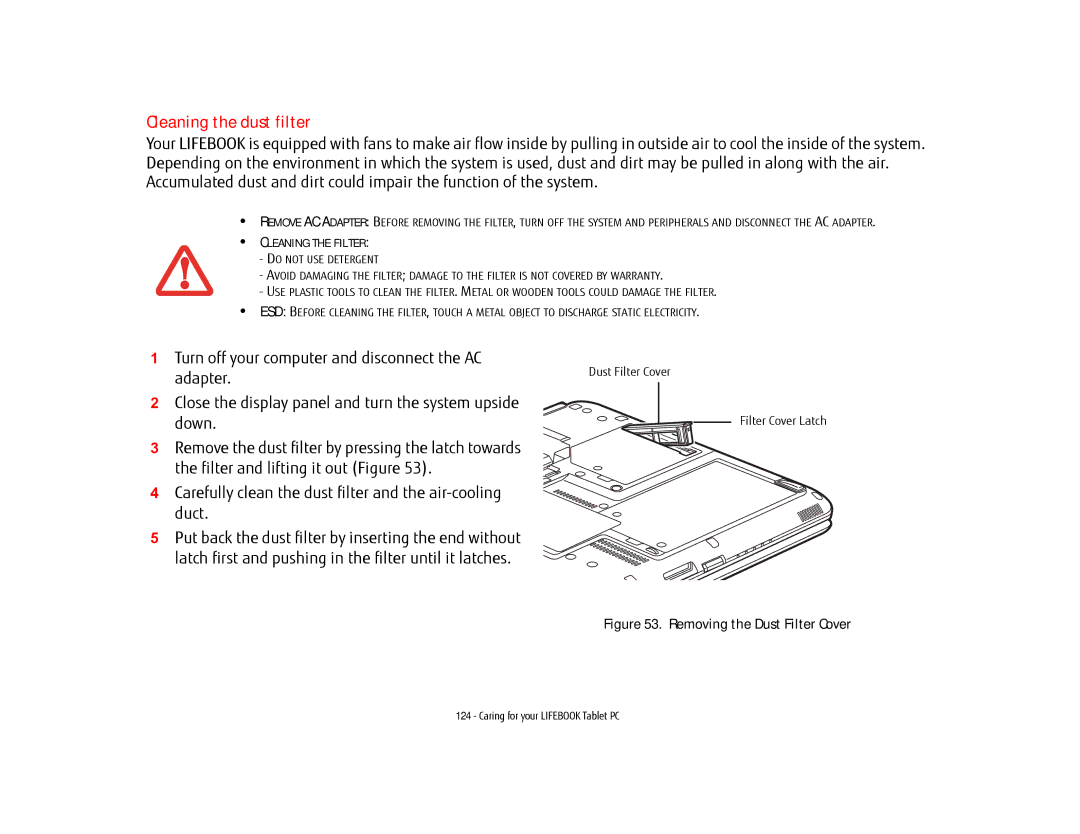 Fujitsu BTBK410000BAAAPP, T902, FP1000, KA02066D105 manual Cleaning the dust filter, Cleaning the Filter 