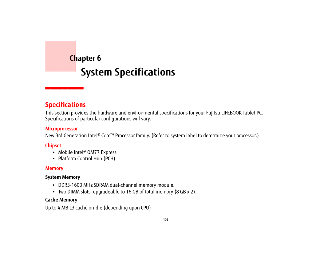 Fujitsu KA02066D105, T902, FP1000, BTBK410000BAAAPP manual System Specifications, Microprocessor, Chipset, Memory 