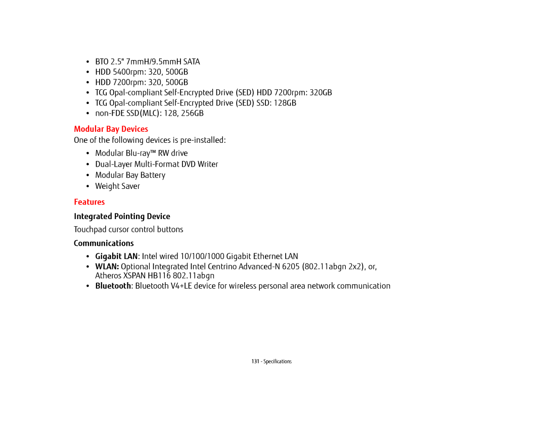 Fujitsu FP1000, T902, BTBK410000BAAAPP manual Modular Bay Devices, Features, Integrated Pointing Device, Communications 