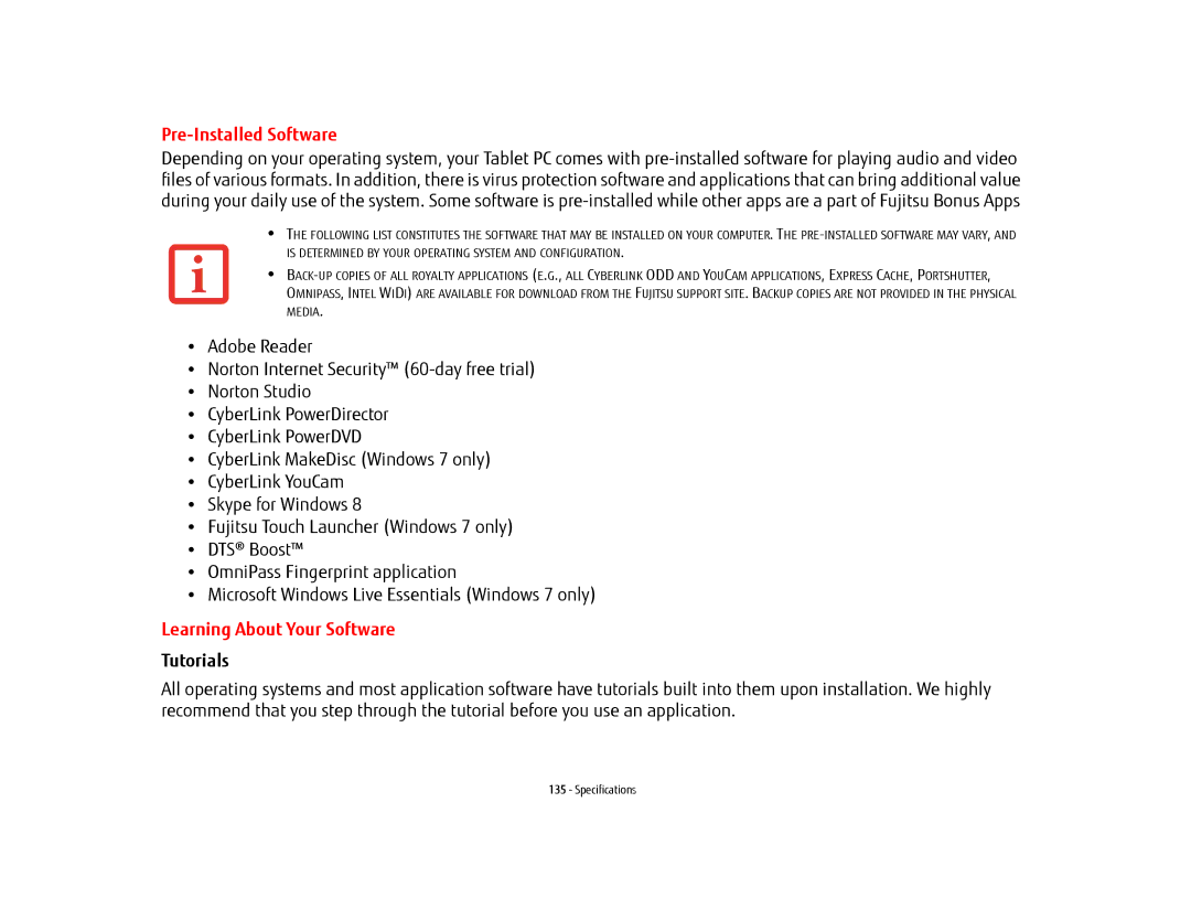 Fujitsu FP1000, T902, BTBK410000BAAAPP, KA02066D105 manual Pre-Installed Software, Learning About Your Software, Tutorials 