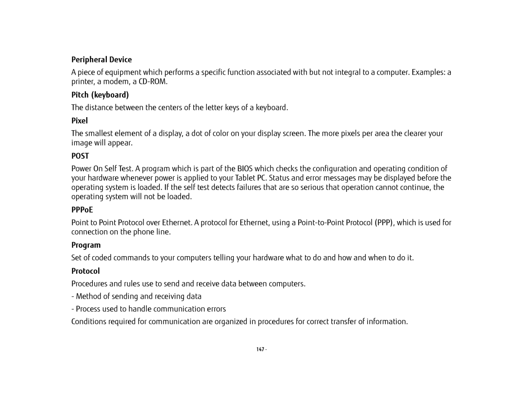 Fujitsu FP1000, T902, BTBK410000BAAAPP, KA02066D105 manual Peripheral Device, Pitch keyboard, Pixel, PPPoE, Program, Protocol 