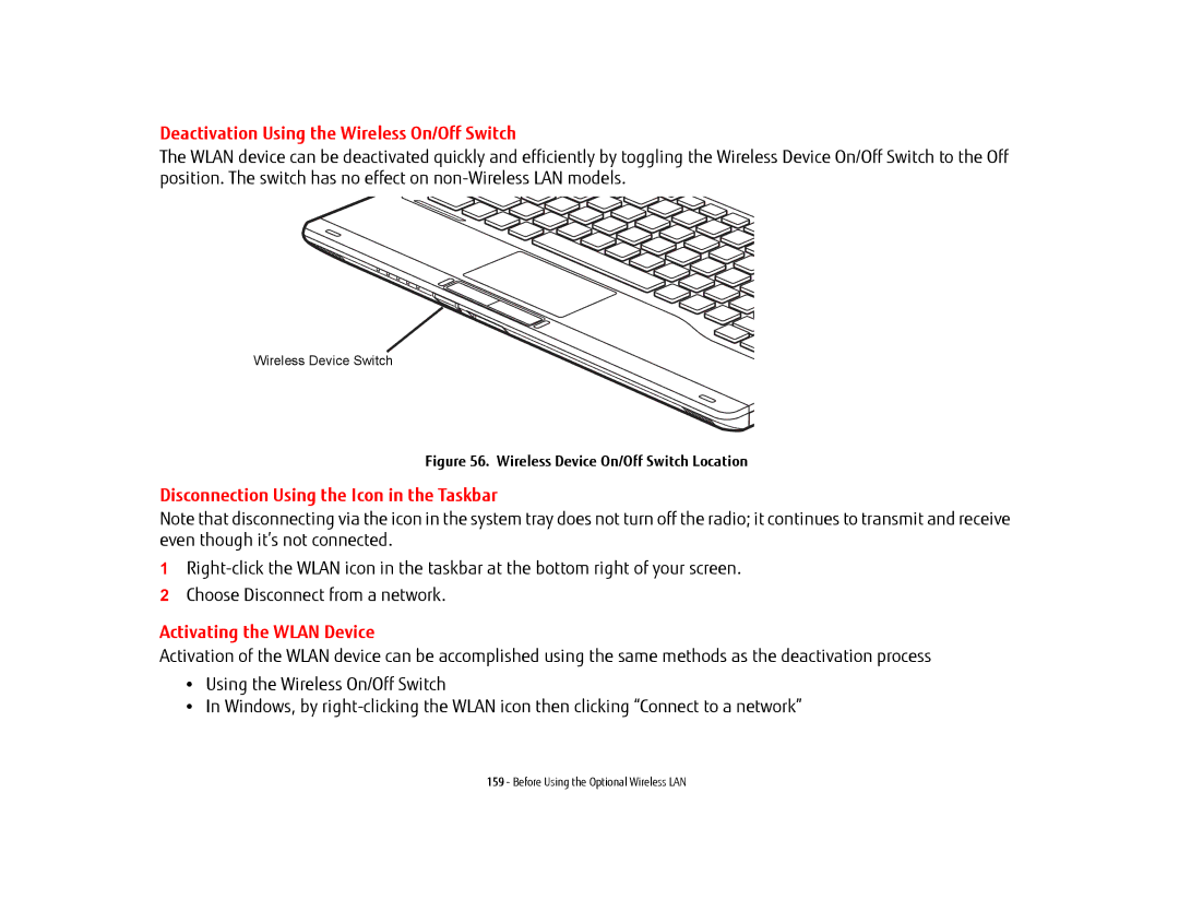 Fujitsu FP1000, T902 manual Deactivation Using the Wireless On/Off Switch, Disconnection Using the Icon in the Taskbar 