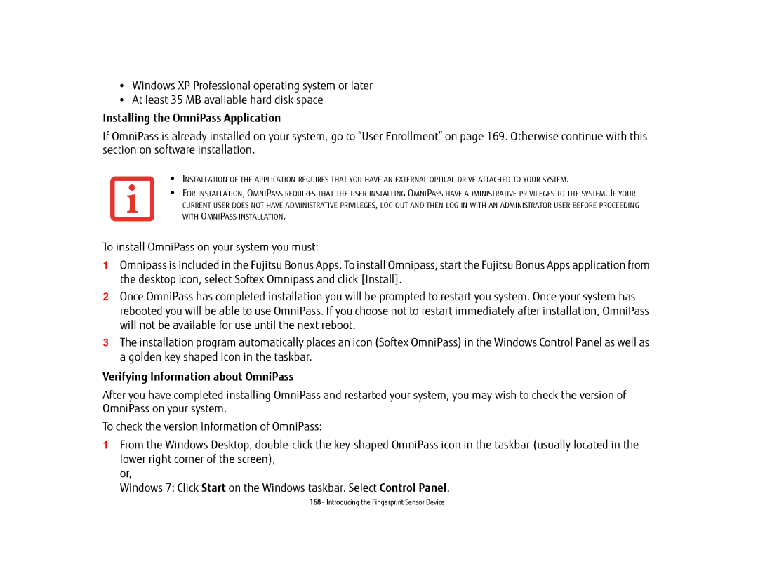 Fujitsu BTBK410000BAAAPP, T902, FP1000 manual Installing the OmniPass Application, Verifying Information about OmniPass 