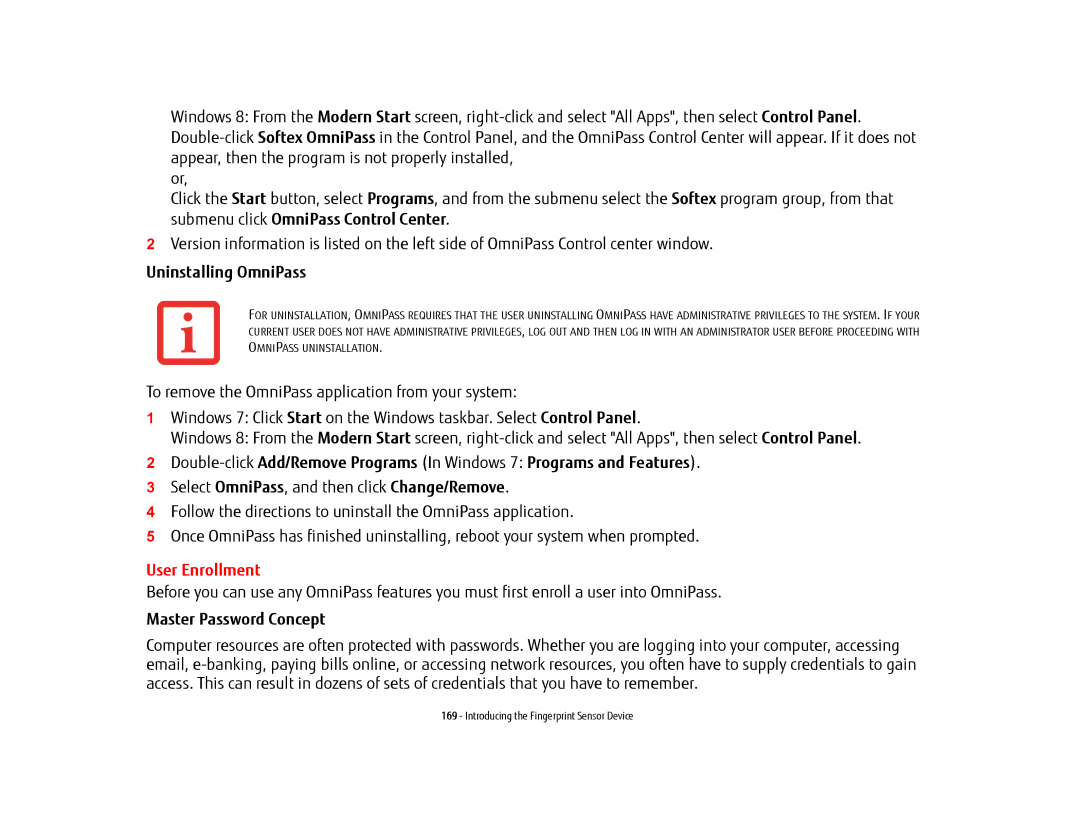 Fujitsu KA02066D105, T902, FP1000, BTBK410000BAAAPP manual Uninstalling OmniPass, User Enrollment, Master Password Concept 