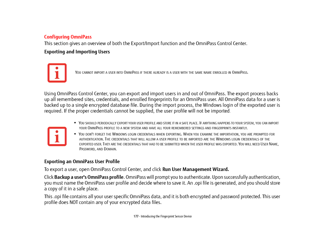 Fujitsu KA02066D105, T902, FP1000 Configuring OmniPass, Exporting and Importing Users, Exporting an OmniPass User Profile 