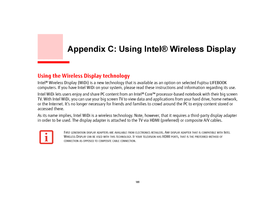 Fujitsu KA02066D105, T902, FP1000 manual Appendix C Using Intel Wireless Display, Using the Wireless Display technology 