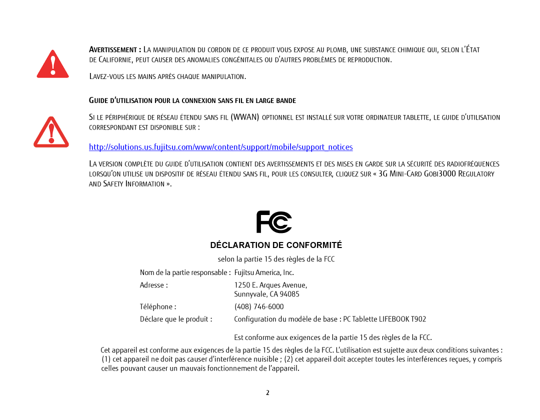 Fujitsu KA02066D105, T902, FP1000, BTBK410000BAAAPP manual Déclaration DE Conformité 