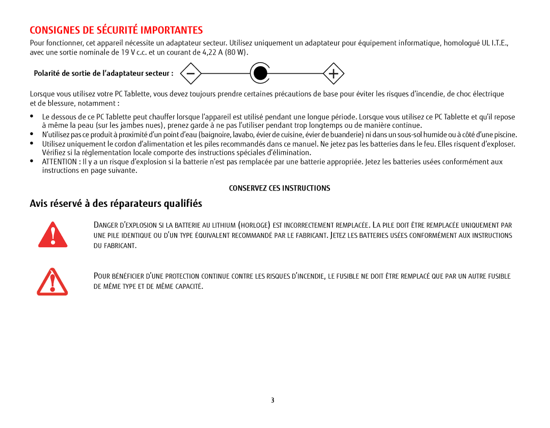 Fujitsu T902, FP1000, BTBK410000BAAAPP manual Consignes DE Sécurité Importantes, Avis réservé à des réparateurs qualifiés 