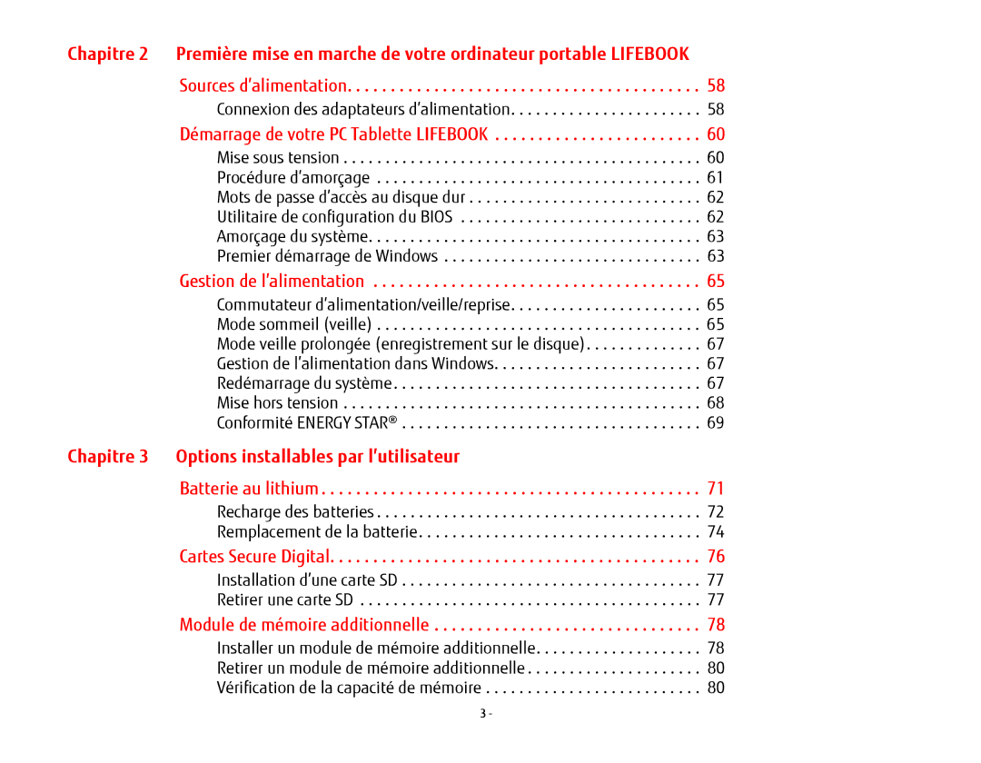 Fujitsu T902, FP1000 manual Démarrage de votre PC Tablette Lifebook, Chapitre 3 Options installables par l’utilisateur 