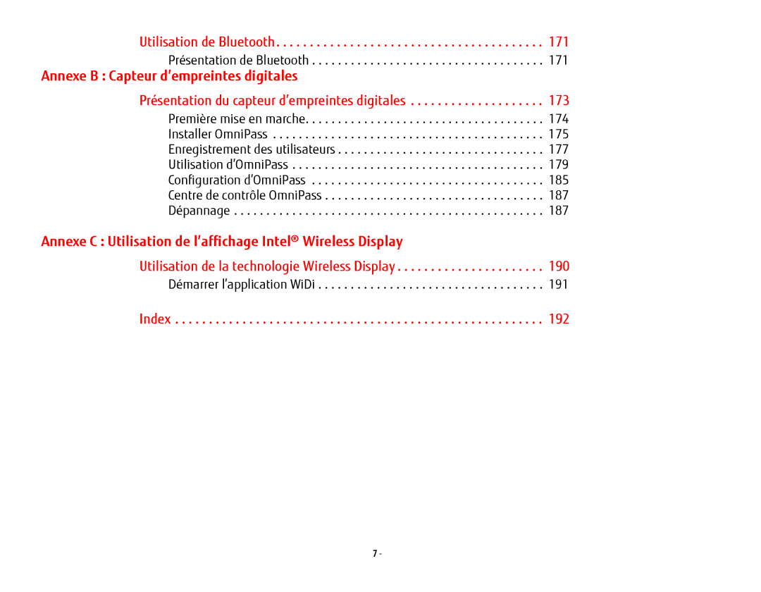 Fujitsu T902, FP1000 Annexe B Capteur d’empreintes digitales, Annexe C Utilisation de l’affichage Intel Wireless Display 