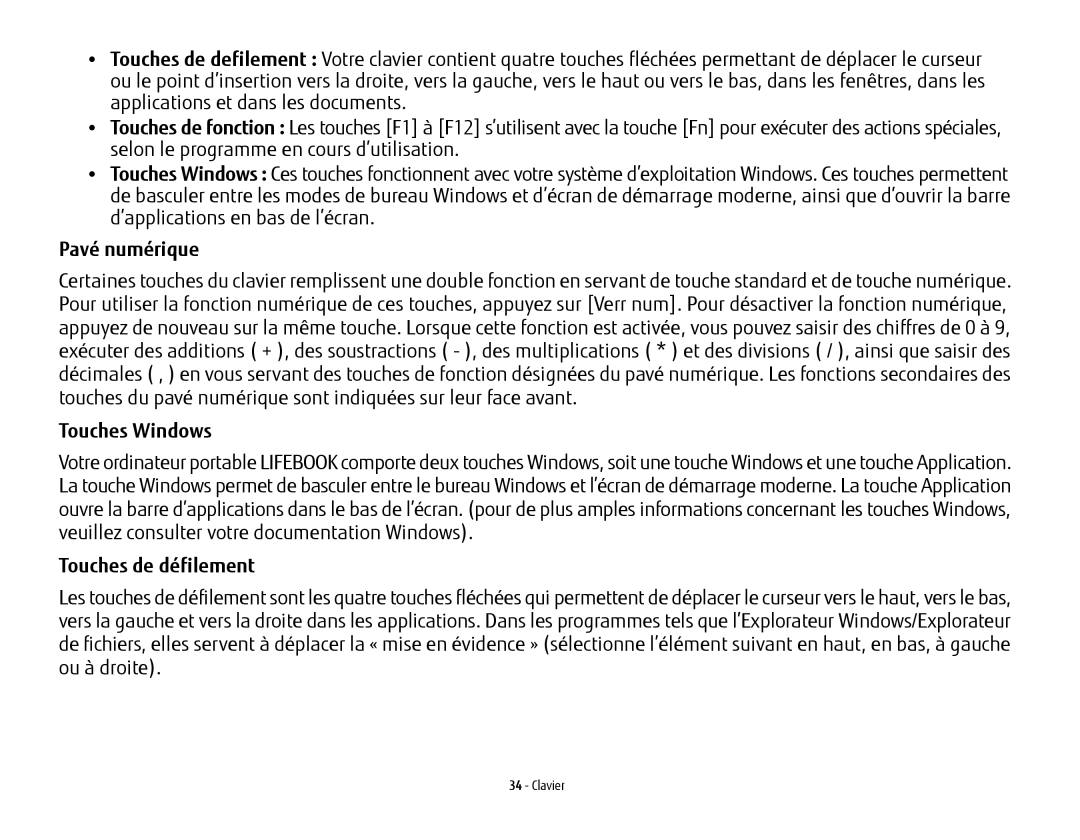 Fujitsu KA02066D105, T902, FP1000, BTBK410000BAAAPP manual Pavé numérique, Touches Windows, Touches de défilement 