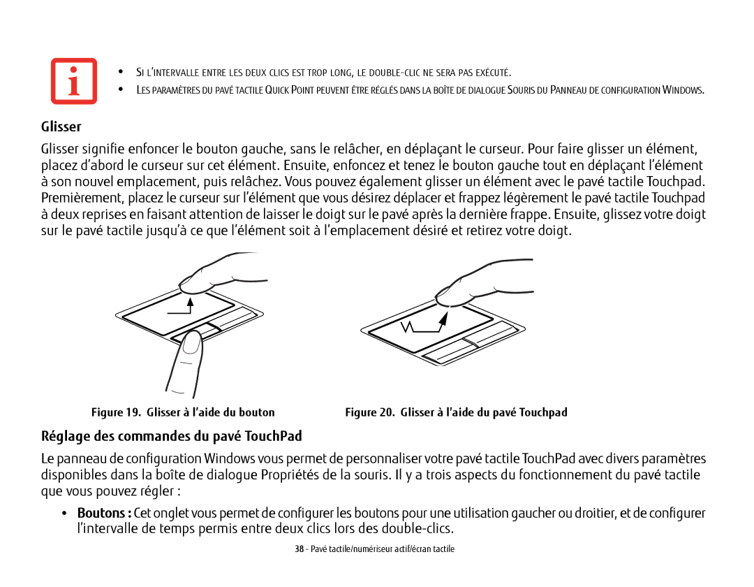 Fujitsu KA02066D105, T902, FP1000, BTBK410000BAAAPP manual Glisser, Réglage des commandes du pavé TouchPad 