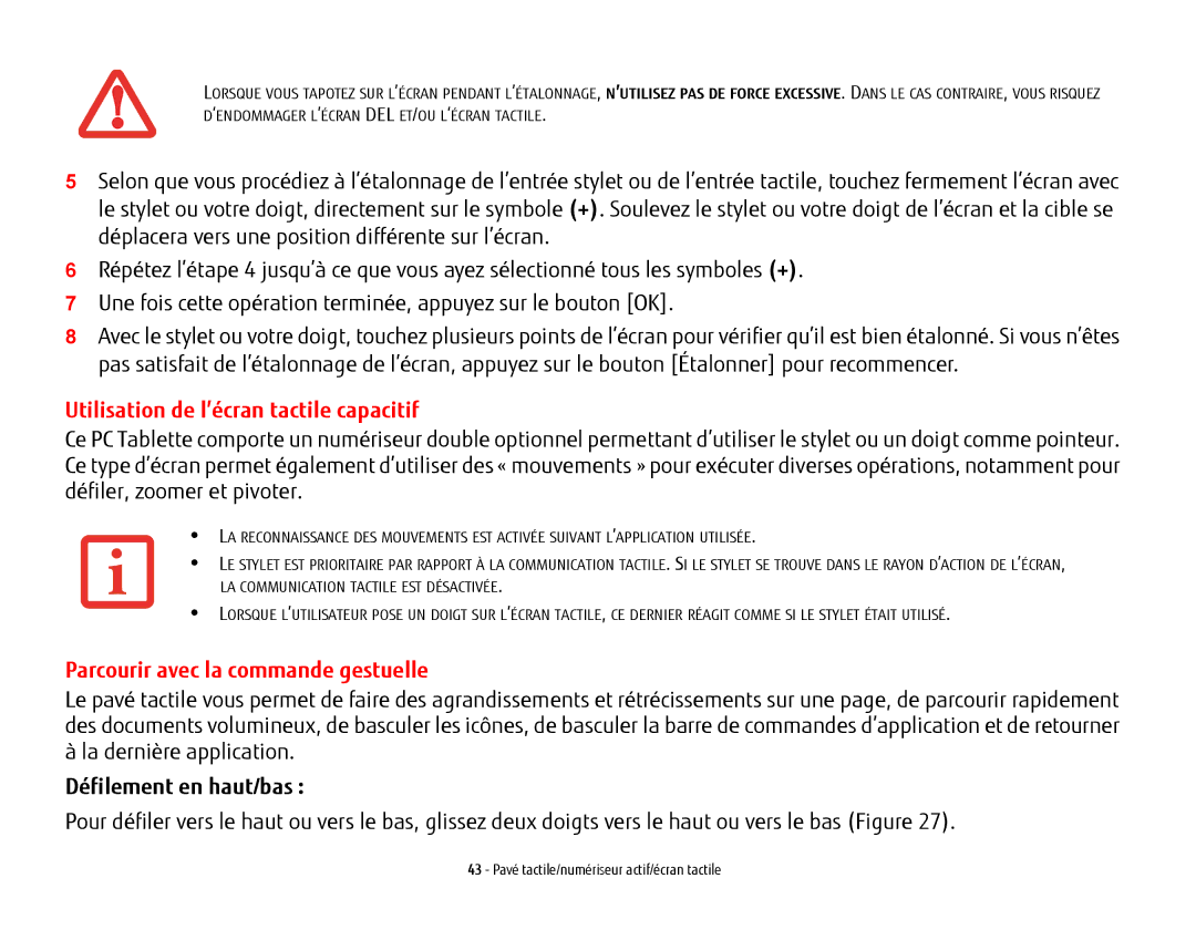 Fujitsu T902 manual Utilisation de l’écran tactile capacitif, Parcourir avec la commande gestuelle, Défilement en haut/bas 