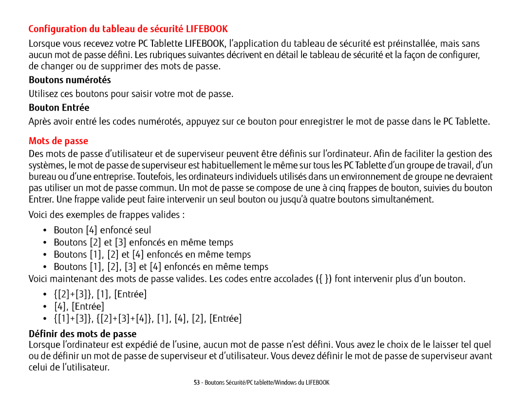 Fujitsu BTBK410000BAAAPP Configuration du tableau de sécurité Lifebook, Boutons numérotés, Bouton Entrée, Mots de passe 