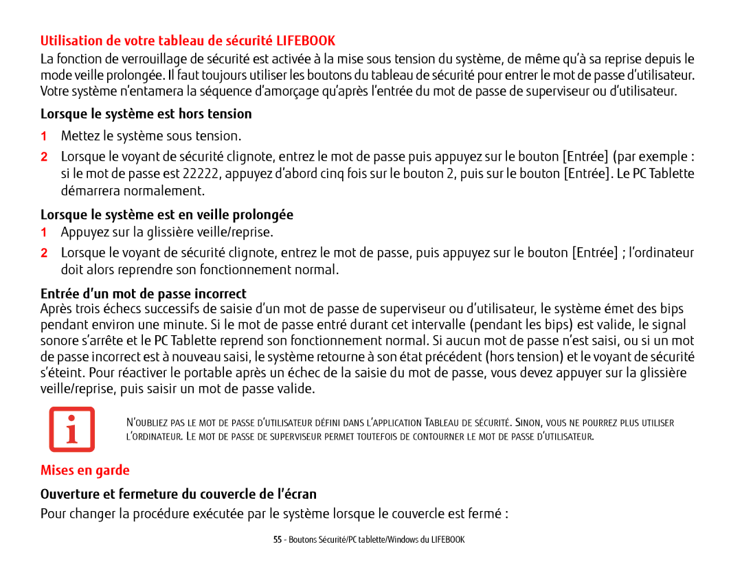 Fujitsu T902, FP1000, BTBK410000BAAAPP, KA02066D105 manual Utilisation de votre tableau de sécurité Lifebook, Mises en garde 