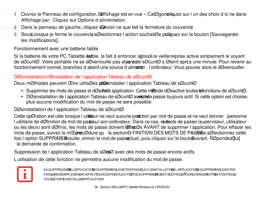 Fujitsu FP1000, T902 manual Fonctionnement avec une batterie faible, Désinstallation de l’application Tableau de sécurité 