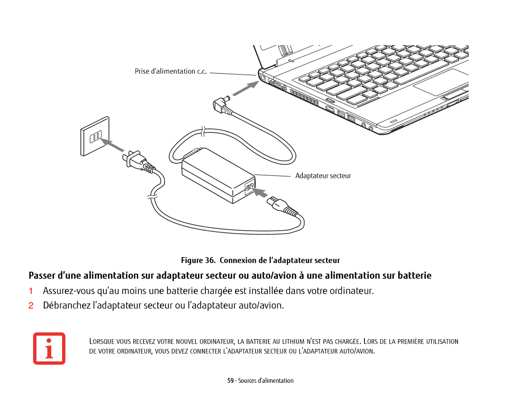 Fujitsu T902, FP1000, BTBK410000BAAAPP, KA02066D105 manual Connexion de l’adaptateur secteur 