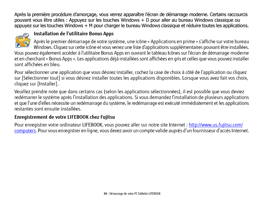 Fujitsu FP1000, T902, KA02066D105 Installation de l’utilitaire Bonus Apps, Enregistrement de votre Lifebook chez Fujitsu 