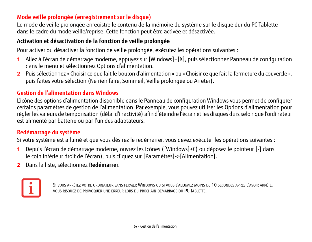 Fujitsu T902, FP1000 manual Mode veille prolongée enregistrement sur le disque, Gestion de l’alimentation dans Windows 