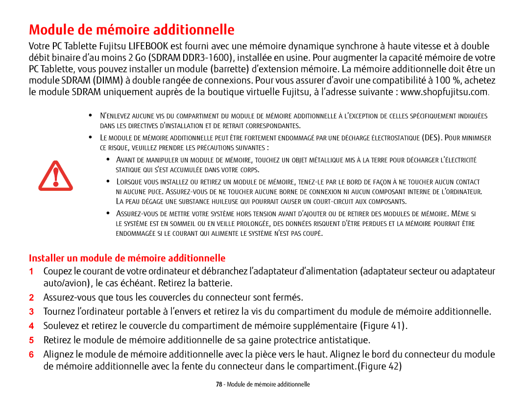Fujitsu KA02066D105, T902, FP1000 manual Module de mémoire additionnelle, Installer un module de mémoire additionnelle 