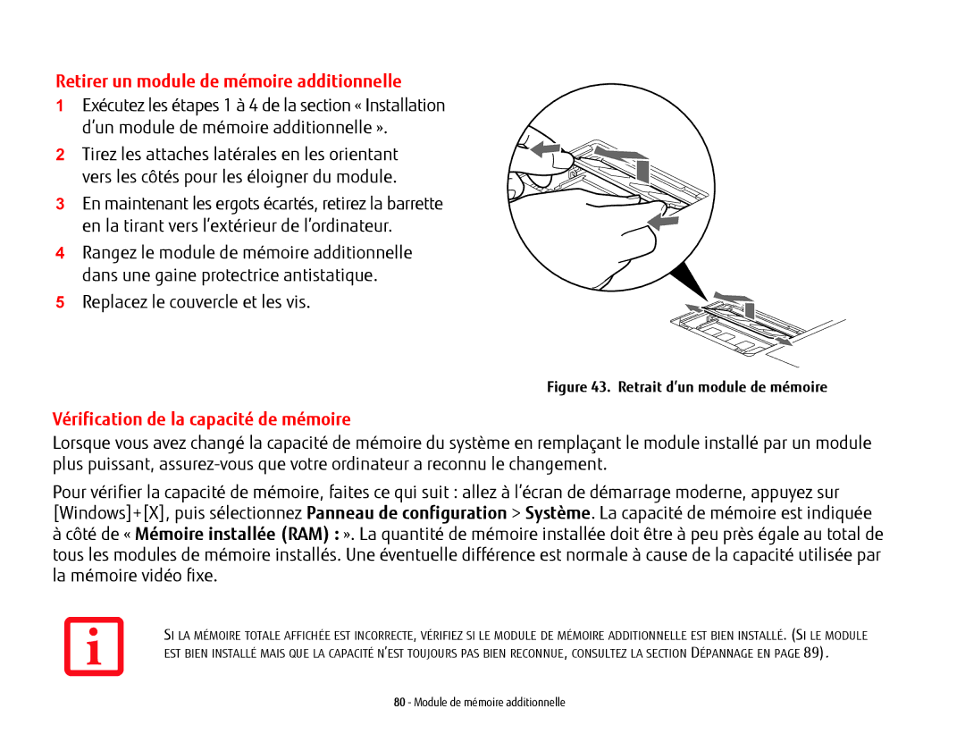 Fujitsu FP1000, T902, BTBK410000BAAAPP Retirer un module de mémoire additionnelle, Vérification de la capacité de mémoire 