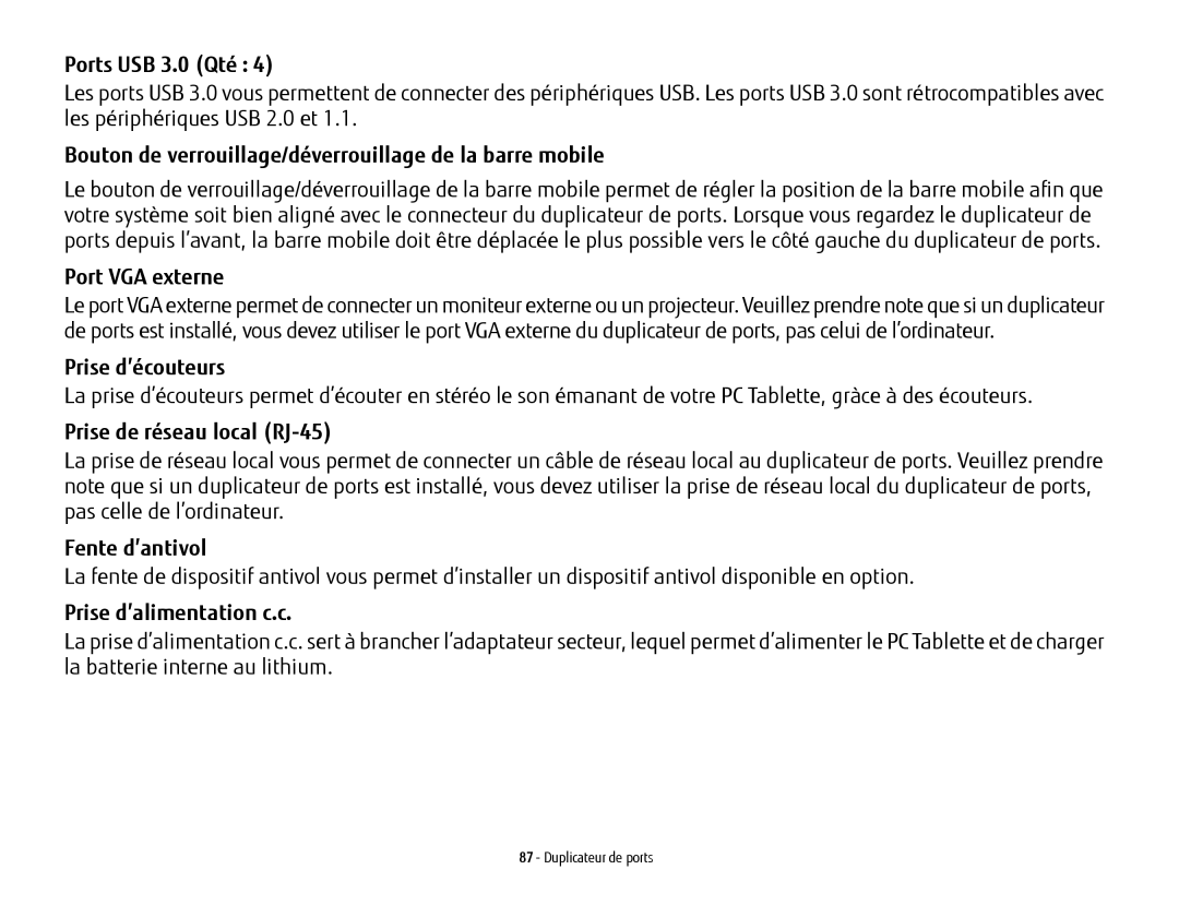 Fujitsu T902, FP1000 manual Ports USB 3.0 Qté, Bouton de verrouillage/déverrouillage de la barre mobile, Port VGA externe 