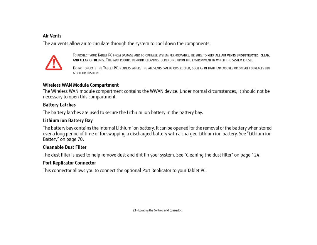 Fujitsu FP1000, T902 manual Wireless WAN Module Compartment, Battery Latches, Lithium ion Battery Bay, Cleanable Dust Filter 