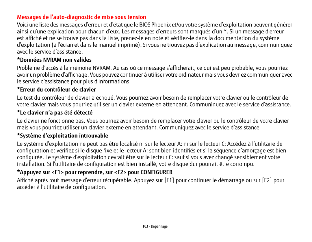 Fujitsu T902, FP1000, BTBK410000BAAAPP, KA02066D105 manual Messages de l’auto-diagnostic de mise sous tension 