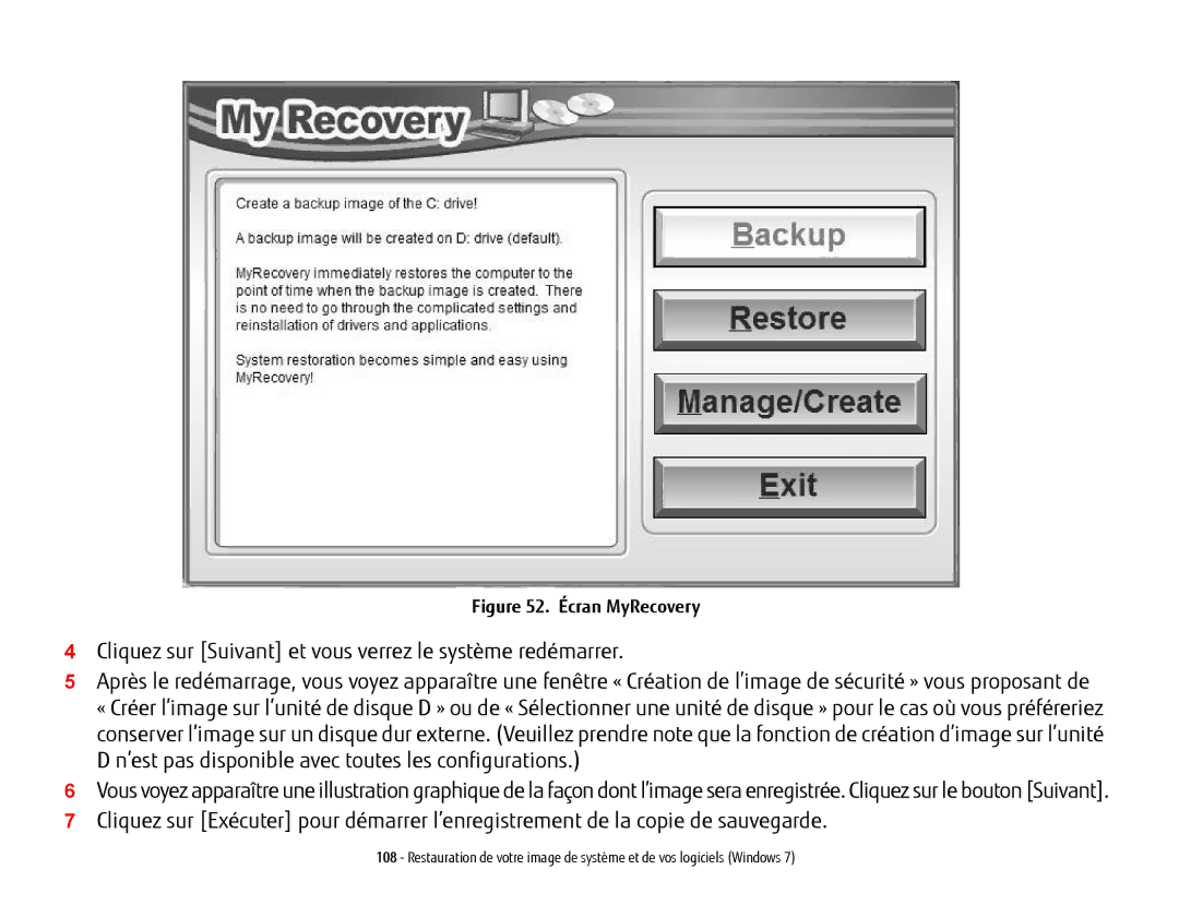 Fujitsu FP1000, T902, BTBK410000BAAAPP, KA02066D105 manual Écran MyRecovery 