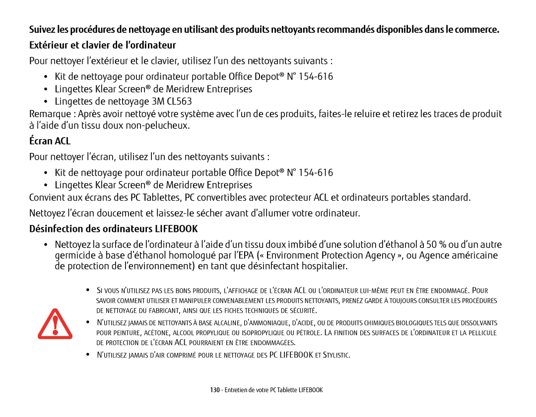 Fujitsu KA02066D105, T902, FP1000, BTBK410000BAAAPP manual Écran ACL, Désinfection des ordinateurs Lifebook 