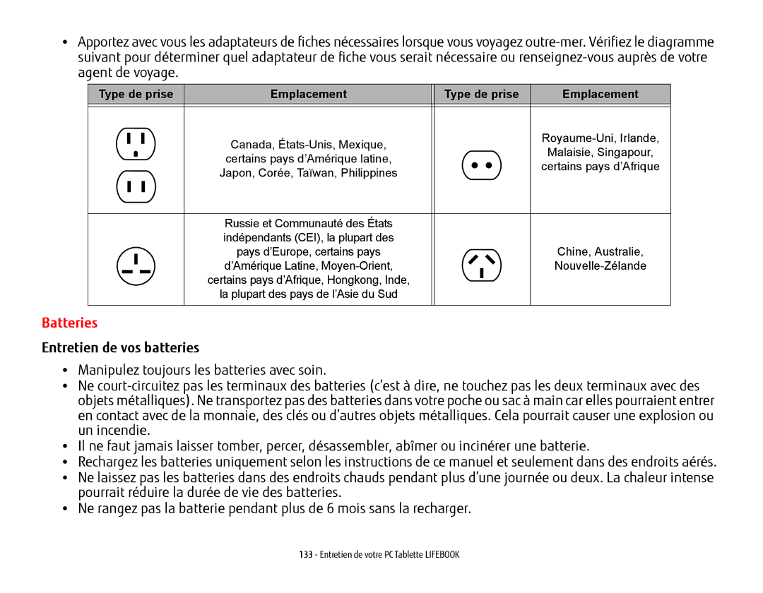 Fujitsu BTBK410000BAAAPP, T902, FP1000, KA02066D105 manual Entretien de vos batteries, Type de prise Emplacement 