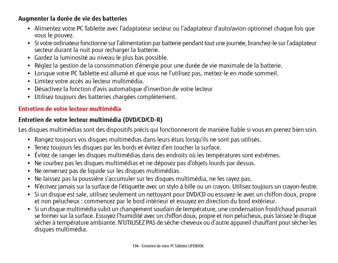 Fujitsu KA02066D105, T902, FP1000 manual Augmenter la durée de vie des batteries, Entretien de votre lecteur multimédia 