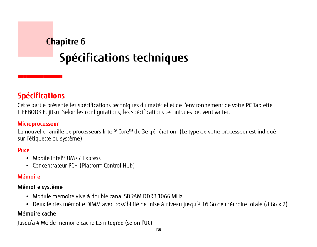 Fujitsu FP1000, T902, BTBK410000BAAAPP, KA02066D105 manual Spécifications techniques, Microprocesseur, Puce, Mémoire 