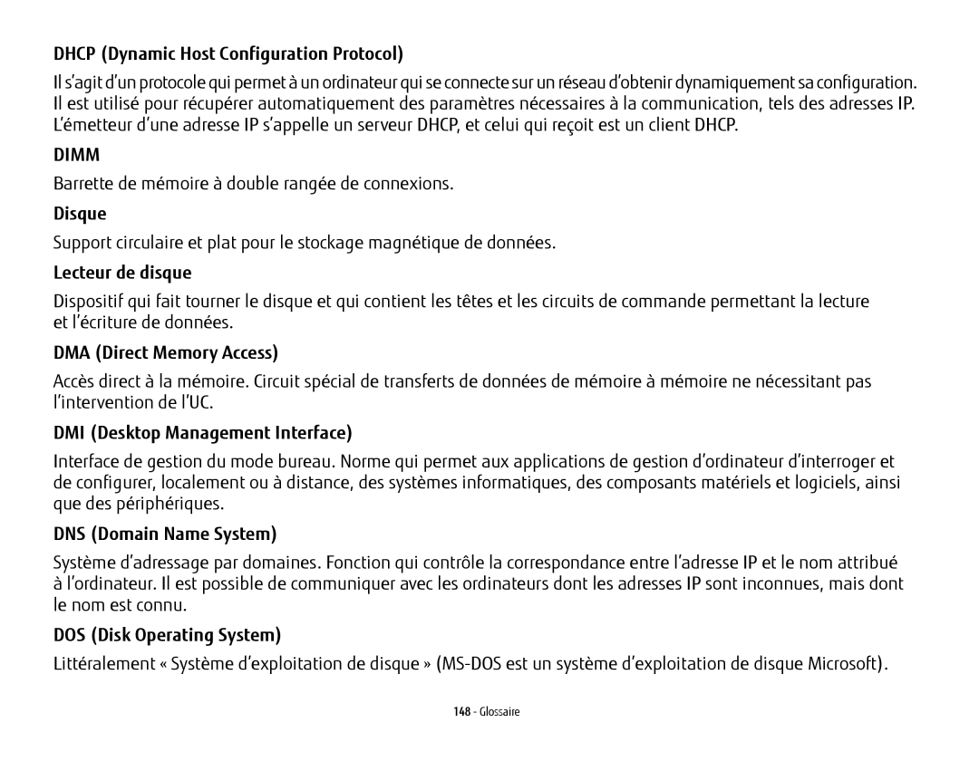 Fujitsu FP1000, T902 manual Dhcp Dynamic Host Configuration Protocol, Disque, Lecteur de disque, DMA Direct Memory Access 