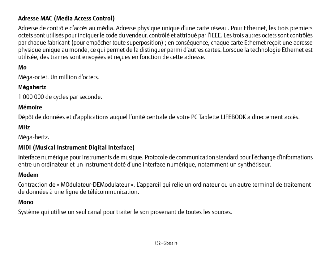 Fujitsu FP1000, T902 manual Adresse MAC Media Access Control, Mémoire, Midi Musical Instrument Digital Interface, Mono 