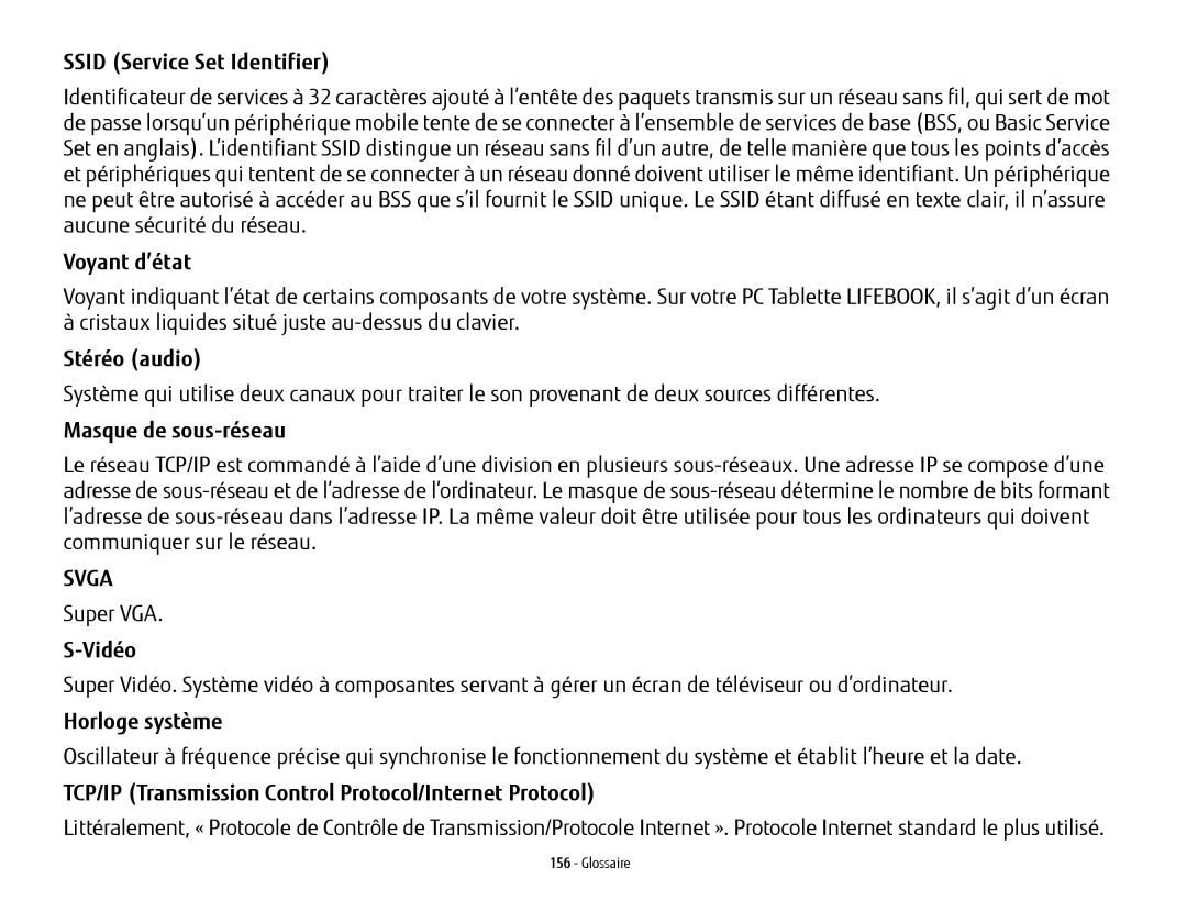 Fujitsu FP1000 Ssid Service Set Identifier, Voyant d’état, Stéréo audio, Masque de sous-réseau, Vidéo, Horloge système 