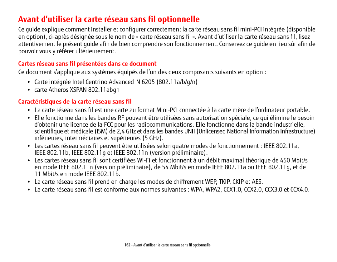 Fujitsu KA02066D105 Avant d’utiliser la carte réseau sans fil optionnelle, Caractéristiques de la carte réseau sans fil 