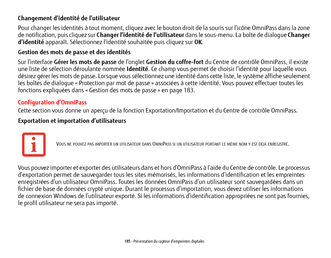 Fujitsu BTBK410000BAAAPP, T902, FP1000 Changement d’identité de l’utilisateur, Gestion des mots de passe et des identités 