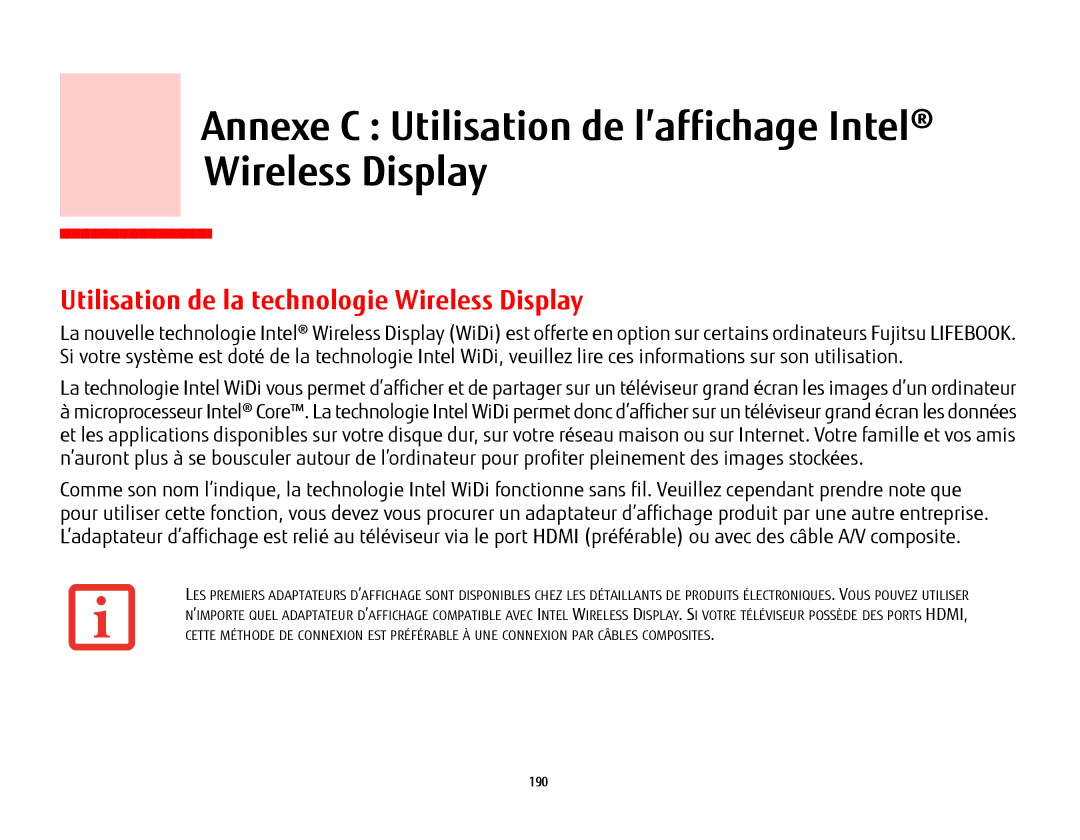 Fujitsu KA02066D105, T902, FP1000, BTBK410000BAAAPP manual Annexe C Utilisation de l’affichage Intel Wireless Display 